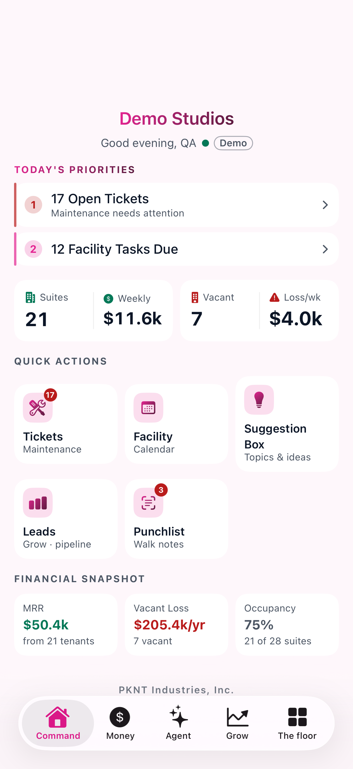 Command — The day, in one screen — what needs attention, occupancy, and the money position.