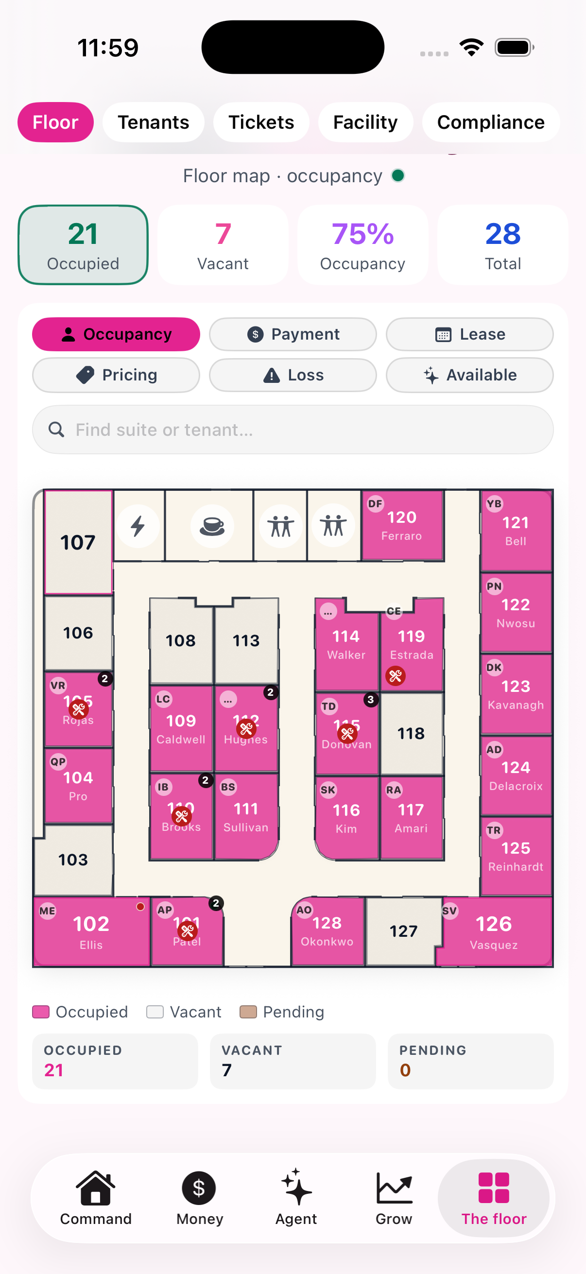 The floor &mdash; The building itself: every suite, who is in it, and what it earns.